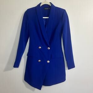 Pretty Little Thing Blue Gold Button Blazer Dress US Size 2